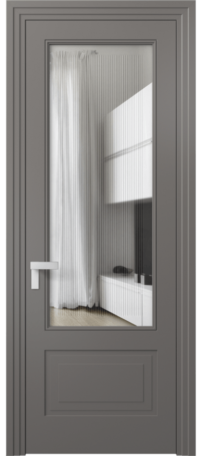 Межкомнатная дверь Rocca 8342 Матовый классический серый Прозрачное стекло с гравировкой "Каннелюры", триплекс Цена 73519 ₽ | Volhovec