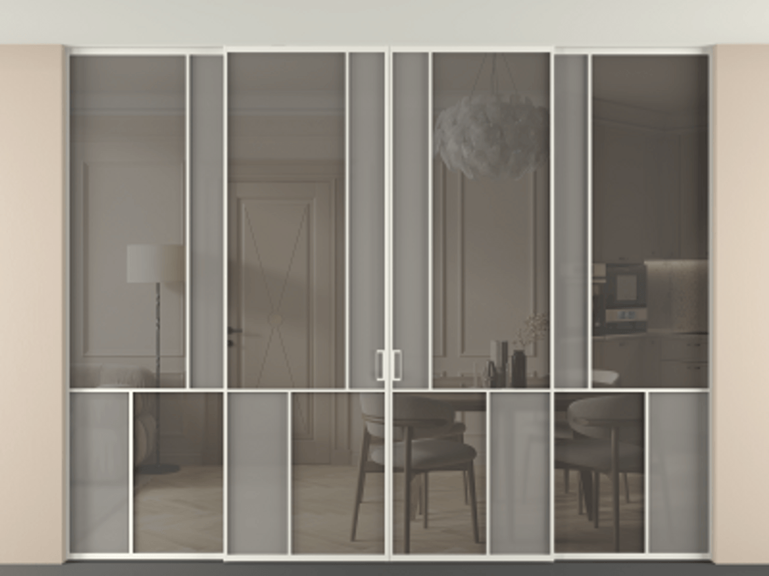 Перегородка Мозаик внутри проёма скрытое крепление в потолок 4 створки АЛПР 041.20 Алюминий Белый Сатинированное серое стекло, триплекс, 6 мм + Прозрачное серое стекло, триплекс. Скрытый короб БЕЛ Цена 627190 ₽ . Фабрика дверей Волховец 8 (800) 551 43 19 Перегородка Мозаик внутри проёма скрытое крепление в потолок 4 створки АЛПР 041.20 Алюминий Белый Сатинированное серое стекло, триплекс, 6 мм + Прозрачное серое стекло, триплекс Цена 627190 ₽ | Volhovec