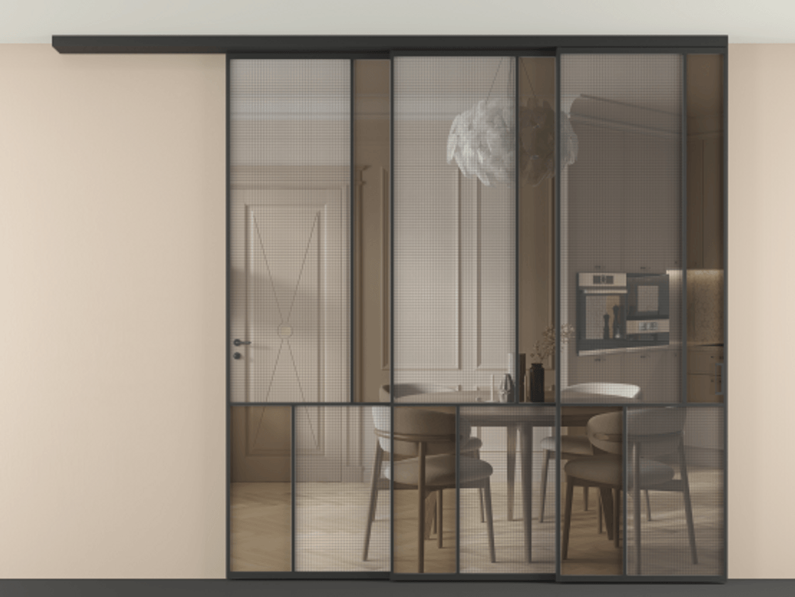 Перегородка Mosaic вдоль стены телескопик синхро 3 АЛПР 041.21 Алюминий Черный Декоративное стекло с сеткой "Mesh silver", триплекс, 6 мм + Прозрачное бронзовое стекло, триплекс. Скрытый короб ЧЕР Цена 484680 ₽ . Фабрика дверей Волховец 8 (800) 551 43 19 Перегородка Mosaic вдоль стены телескопик синхро 3 АЛПР 041.21 Алюминий Черный Декоративное стекло с сеткой "Mesh silver", триплекс, 6 мм + Прозрачное бронзовое стекло, триплекс Цена 484680 ₽ | Volhovec