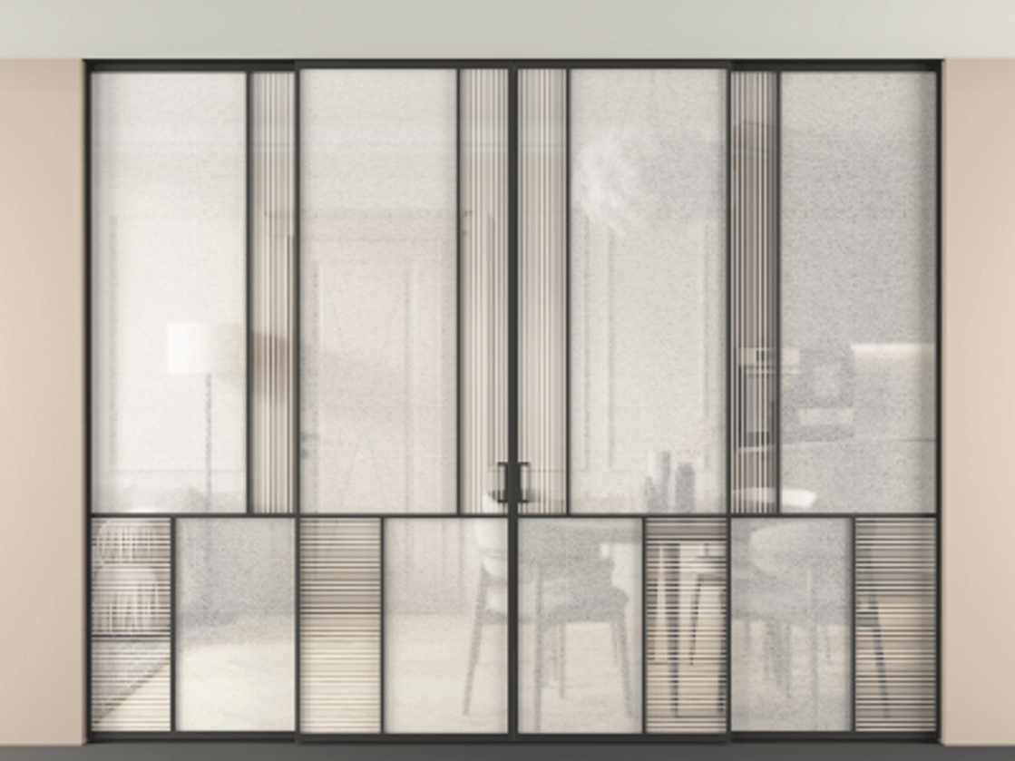 Перегородка Mosaic внутри проёма четырёхстворчатая со скрытым креплением в потолок АЛПР 041.20 Алюминий Черный Рифлёное стекло "Дюна", триплекс, 6 мм + Фактурное стекло "Лёд", триплекс. Скрытый короб ЧЕР Цена 606140 ₽ . Фабрика дверей Волховец 8 (800) 551 43 19 Перегородка Mosaic внутри проёма четырёхстворчатая со скрытым креплением в потолок АЛПР 041.20 Алюминий Черный Рифлёное стекло "Дюна", триплекс, 6 мм + Фактурное стекло "Лёд", триплекс Цена 606140 ₽ | Volhovec