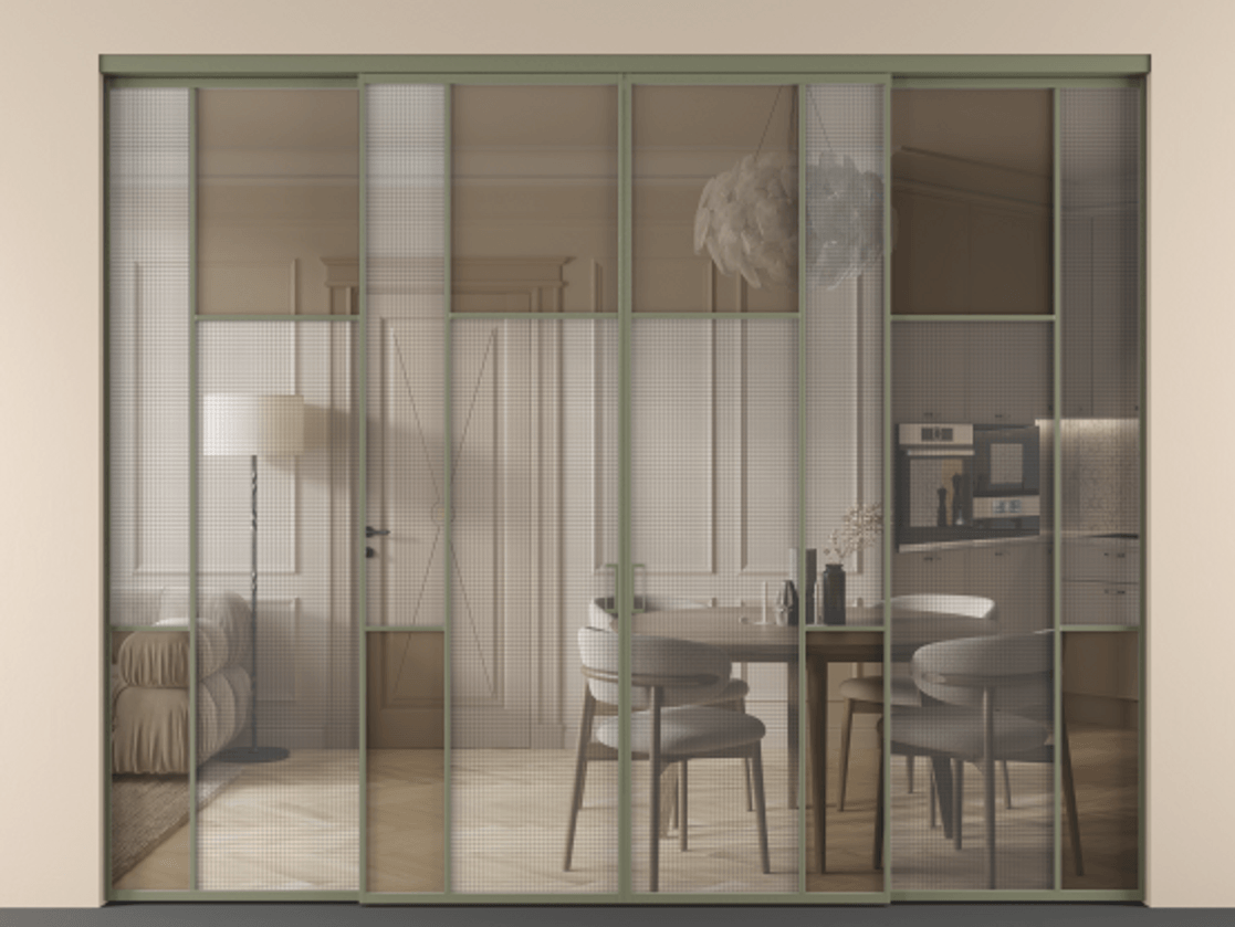 Перегородка Mosaic внутри проёма четырёхстворчатая АЛПР 041.10 Алюминий оливковый тёмный Декоративное стекло с сеткой "Mesh silver", триплекс, 6 мм + Прозрачное бронзовое стекло, триплекс. Цена 484920 ₽ . Фабрика дверей Волховец 8 (800) 551 43 19 Перегородка Mosaic внутри проёма четырёхстворчатая АЛПР 041.10 Алюминий оливковый тёмный Декоративное стекло с сеткой "Mesh silver", триплекс, 6 мм + Прозрачное бронзовое стекло, триплекс Цена 484920 ₽ | Volhovec