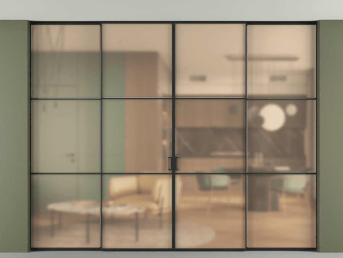 Перегородка Formato внутри проёма четырёхстворчатая со скрытым креплением в потолок АЛПР 040.03 Алюминий Черный Сатинированное оранжевое стекло, триплекс. Скрытый короб ЧЕР Цена 444380 ₽ 1. Полотно 4 шт. (800/2100 мм)
2. Комплект установки раздвижной системы
3. Базовый комплект фурнитуры
4.Ручка RONDO. Фабрика дверей Волховец 8 (800) 551 43 19 Перегородка Formato внутри проёма четырёхстворчатая со скрытым креплением в потолок АЛПР 040.03 Алюминий Черный Сатинированное оранжевое стекло, триплекс Цена 444380 ₽ | Volhovec