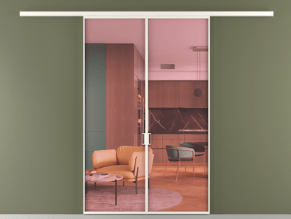 Алюминевая перегородка vd2_01_ Алюминий пудровый белый Прозрачное розовое стекло, триплекс, 6мм. Цвет Алюминий пудровый белый. Материал Алюминий в эмали. Коллекция Перегородка Formato вдоль стены двустворчатая. Картинка.