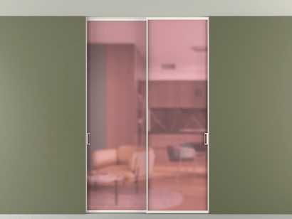 Алюминевая перегородка vn2_01 Алюминий пудровый белый Сатинированное розовое стекло, триплекс, 6мм. Цвет Алюминий пудровый белый. Материал Алюминий в эмали. Коллекция Перегородка Formato внутри проёма двустворчатая со скрытым креплением в потолок. Картинка.