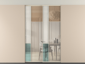 Алюминевая перегородка vntp2_5 Алюминий бежево-серый Четыре стекла. Цвет Алюминий бежево-серый. Материал Алюминий в эмали. Коллекция Перегородка Mosaic внутри проёма двустворчатая со скрытым креплением в потолок. Картинка.