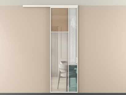 Алюминевая перегородка vdp1_7 Алюминий пудровый белый Четыре стекла. Цвет Алюминий пудровый белый. Материал Алюминий в эмали. Коллекция Перегородка Mosaic вдоль стены на потолок одностворчатая. Картинка.