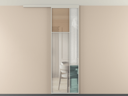 Алюминевая перегородка vdp1_7 Алюминий тёплый серый Четыре стекла. Цвет Алюминий тёплый серый. Материал Алюминий в эмали. Коллекция Перегородка Mosaic вдоль стены на потолок одностворчатая. Картинка.