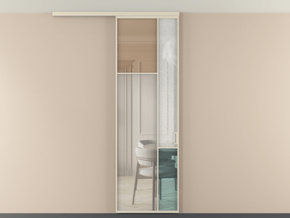 Алюминевая перегородка vdp1_7 Алюминий бежево-серый Четыре стекла. Цвет Алюминий бежево-серый. Материал Алюминий в эмали. Коллекция Перегородка Mosaic вдоль стены на потолок одностворчатая. Картинка.