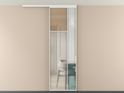 Алюминевая перегородка vdp1_7 Алюминий светло-серый Четыре стекла. Цвет Алюминий светло-серый. Материал Алюминий в эмали. Коллекция Перегородка Mosaic вдоль стены на потолок одностворчатая. Картинка.