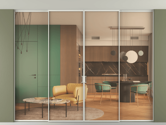 Алюминевая перегородка АЛПР 040.01_АСР_ПРОЗ ОРАНЖ_new. Цвет Алюминий серый. Материал Алюминий в эмали. Коллекция Перегородка Формато внутри проёма скрытое крепление в потолок 4 створки. Картинка.