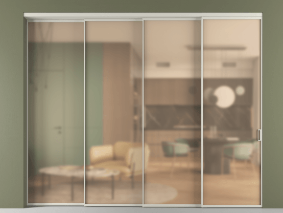 Алюминевая перегородка vn4_01_ Алюминий тёплый серый Сатинированное оранжевое стекло, триплекс, 6мм. Цвет Алюминий тёплый серый. Материал Алюминий в эмали. Коллекция Перегородка Формато внутри проёма 4 створки с синхронным механизмом. Картинка.