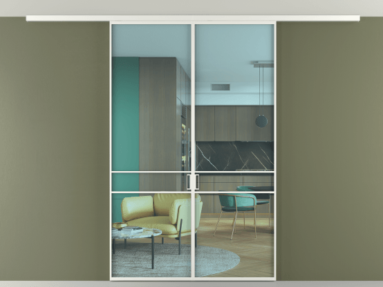 Алюминевая перегородка vd2_02 Алюминий светло-серый Прозрачное голубое стекло, триплекс, 6мм. Цвет Алюминий светло-серый. Материал Алюминий в эмали. Коллекция Перегородка Formato вдоль стены на потолок 2 створки. Картинка.