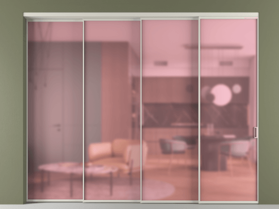 Алюминевая перегородка vn4_01_ Алюминий тёплый серый Сатинированное розовое стекло, триплекс, 6мм. Цвет Алюминий тёплый серый. Материал Алюминий в эмали. Коллекция Перегородка Формато внутри проёма 4 створки с синхронным механизмом. Картинка.