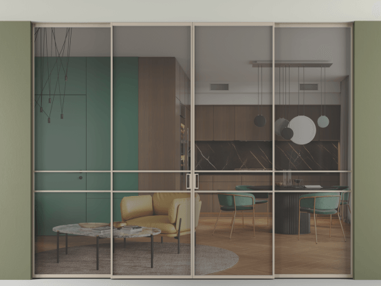 Алюминевая перегородка АЛПР 040.02_АБСК_Серый триплекс_new. Цвет Алюминий бисквитный. Материал Алюминий в эмали. Коллекция Перегородка Formato внутри проёма скрытое крепление в потолок 4 створки. Картинка.